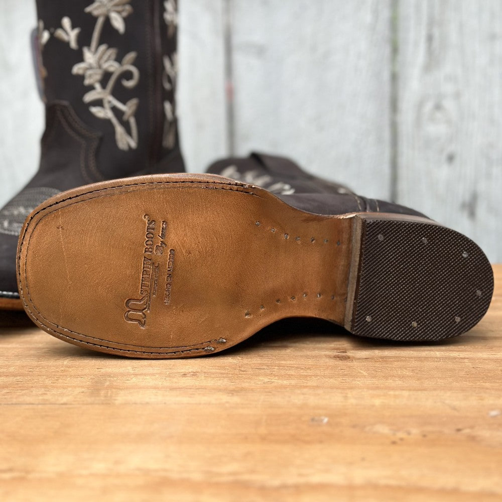 Bota Vaquera Café con Bordado Floral para Mujer | SB-430 | Suela de Vaqueta