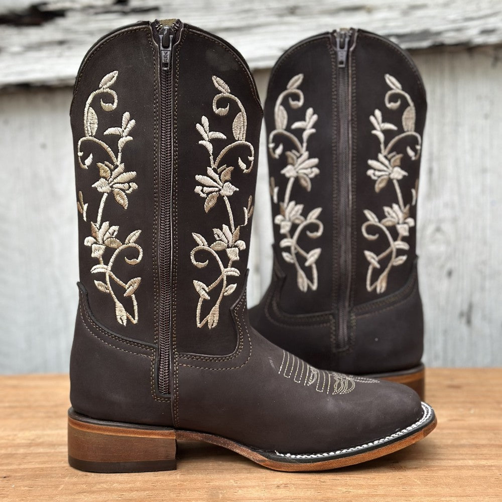 Bota Vaquera Café con Bordado Floral para Mujer | SB-430 | Botas Mexicanas