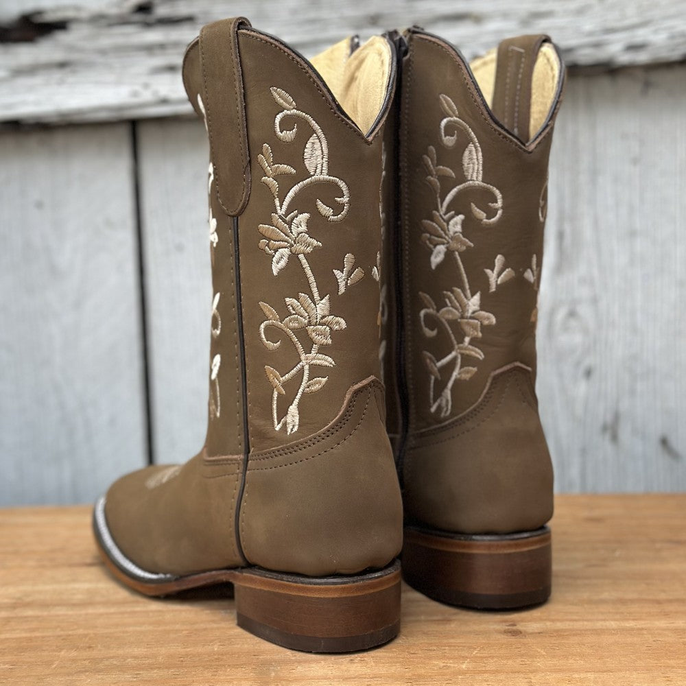 Bota Vaquera Tan con Bordado Floral para Mujer | SB-430 | Punta Cuadrada | Tacon Bajo