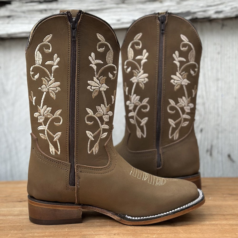 Bota Vaquera Tan con Bordado Floral para Mujer | SB-430 | Punta Cuadrada