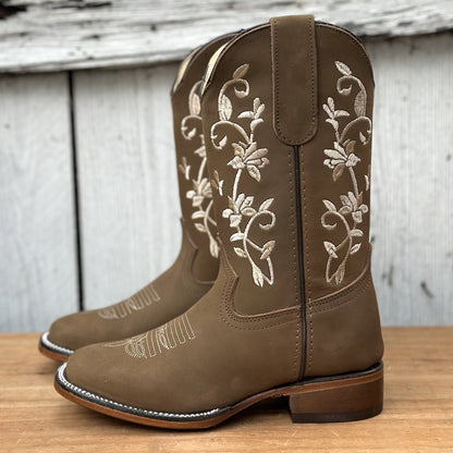 Bota Vaquera Tan con Bordado Floral para Mujer | SB-430