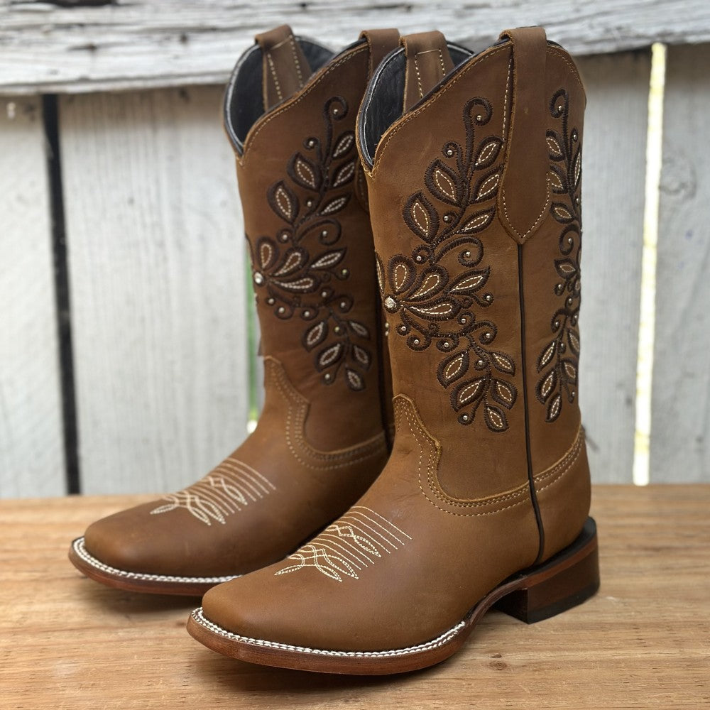 Bota Vaquera Tan con Bordado Floral para Mujer | SB-Margie