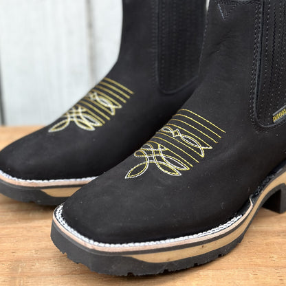 Botin Vaquero de Nobuck Negro con Suela de Goma para Hombre | DB-755 | Punta Cuadrada