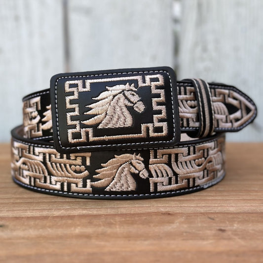 Cinturón Vaquero "Caballo" Negro y Beige - Cinturones Vaqueros para Hombre 