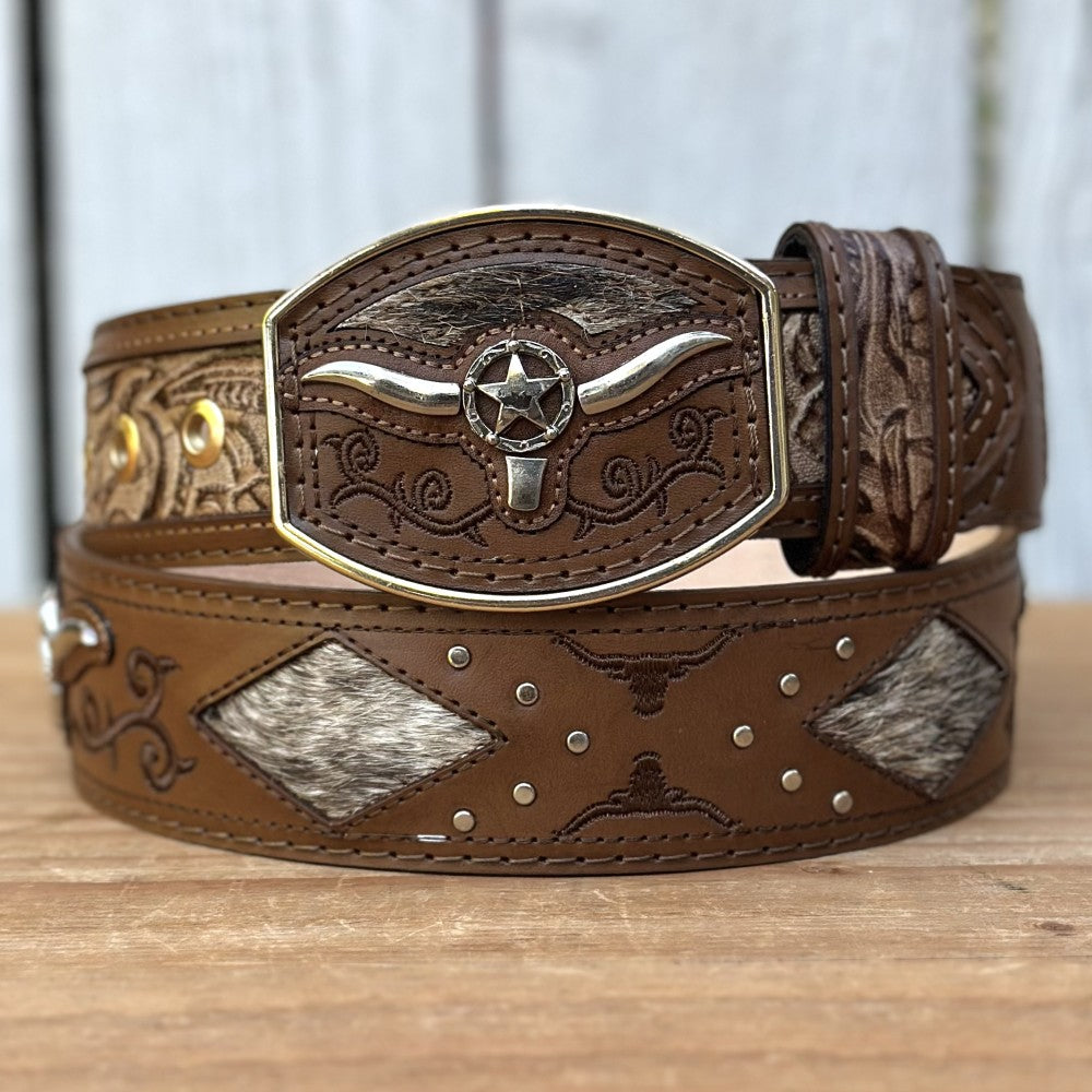 Cinturon Vaquero "Long Horn" Café - Cinturones Vaqueros para Hombre - Cinturones Vaqueros Mexicanos