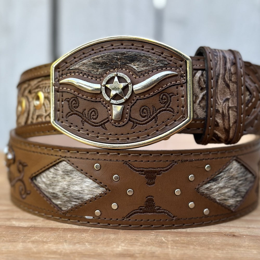 Cinturon Vaquero "Long Horn" Café - Cinturones Vaqueros para Hombre - Cinturones Vaqueros Mexicanos (5)