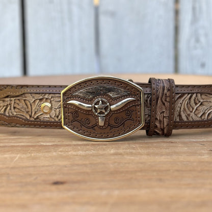Cinturon Vaquero "Long Horn" Café - Cinturones Vaqueros para Hombre - Cinturones Vaqueros Mexicanos (2)