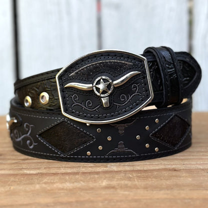 Cinturon Vaquero "Long Horn" Negro - Cinturones Vaqueros para Hombre