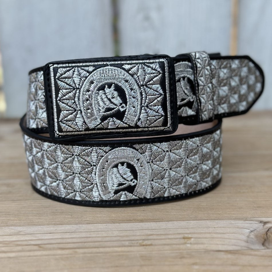 Cinturon Vaquero Negro Caballo Herradura de 2" - Cinturones Vaqueros para Hombre - Cinturones Vaqueros Bordados