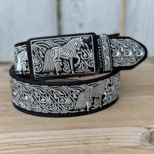 Cinturon Vaquero Negro Caballo Orlas de 2" - Cinturones Vaqueros para Hombre - Cinturones Vaqueros Bordados