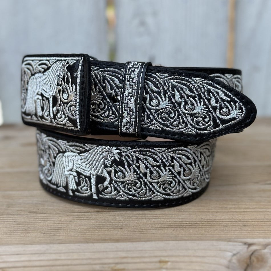 Cinturon Vaquero Negro Caballo Orlas de 2" - Cinturones Vaqueros para Hombre - Cinturones Vaqueros Mexicanos
