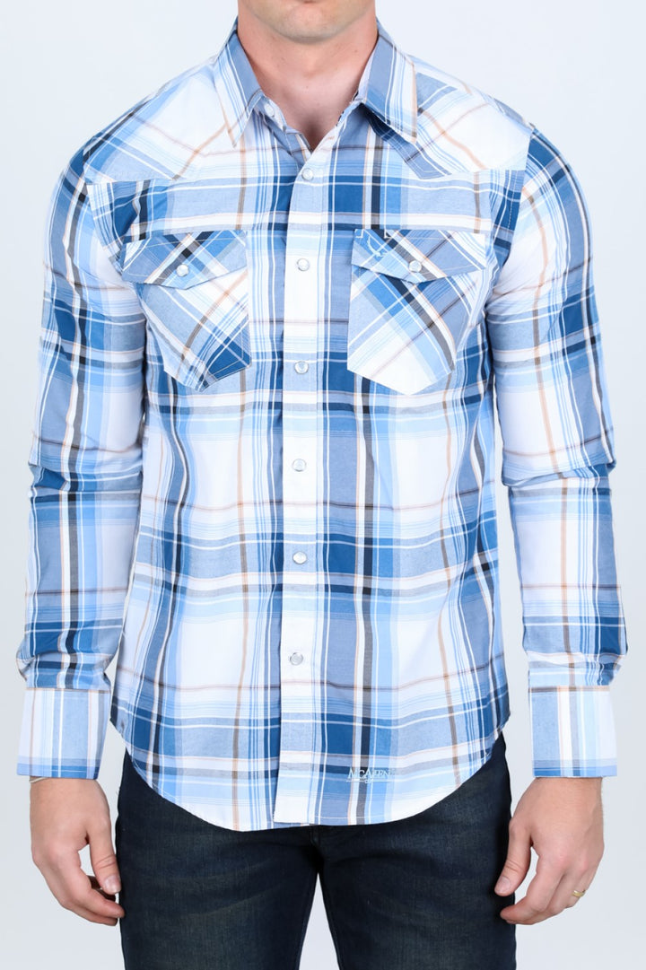 Camisa de Cuadros Azul MC-200-53 - Camisas Vaqueras de Manga Larga para Hombre - Camisas Vaqueras Azul