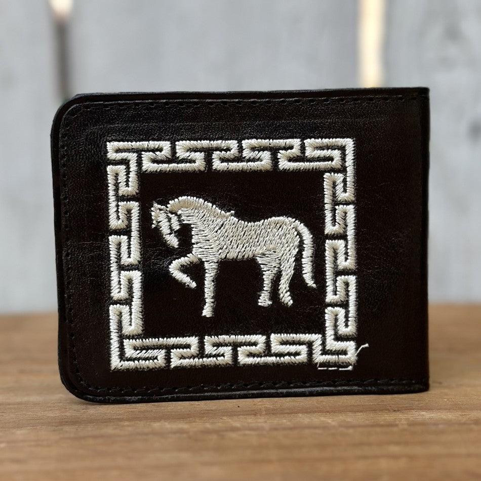 Black Leather Western Wallet with Embroidered Horse