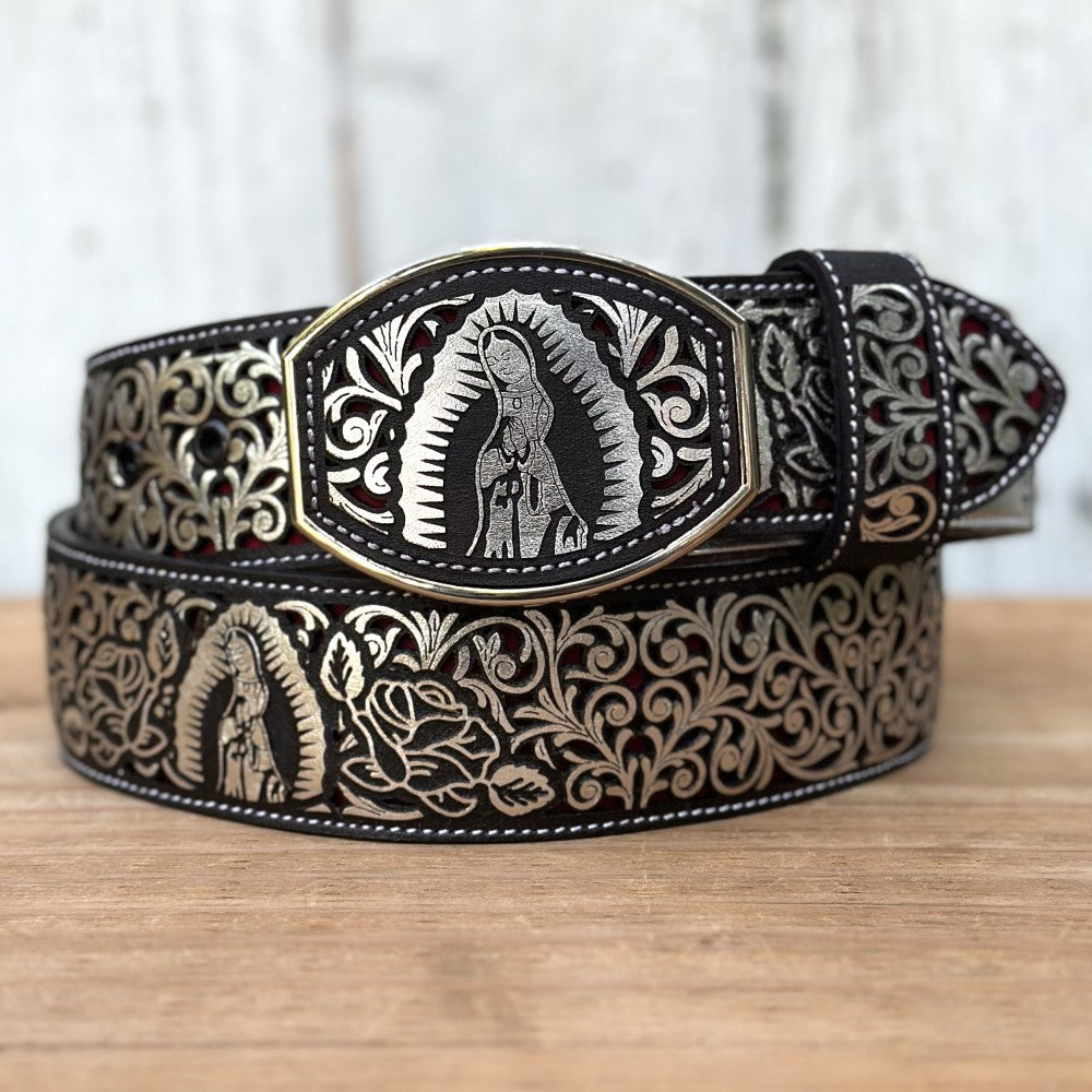 Cinturón Cortado a Láser "Virgen de Guadalupe" Plateado - Cinturones Vaqueros para Hombre