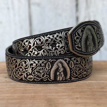 Cinturón Cortado a Láser "Virgen de Guadalupe" Plateado y Funda Vaquera Cortada a Láser (7)