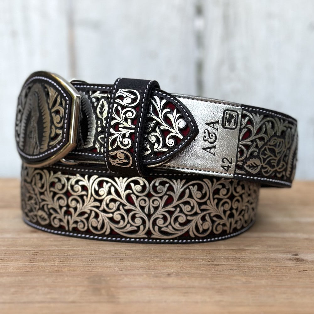 Cinturón Cortado a Láser "Virgen de Guadalupe" Plateado y Funda Vaquera Cortada a Láser (6)