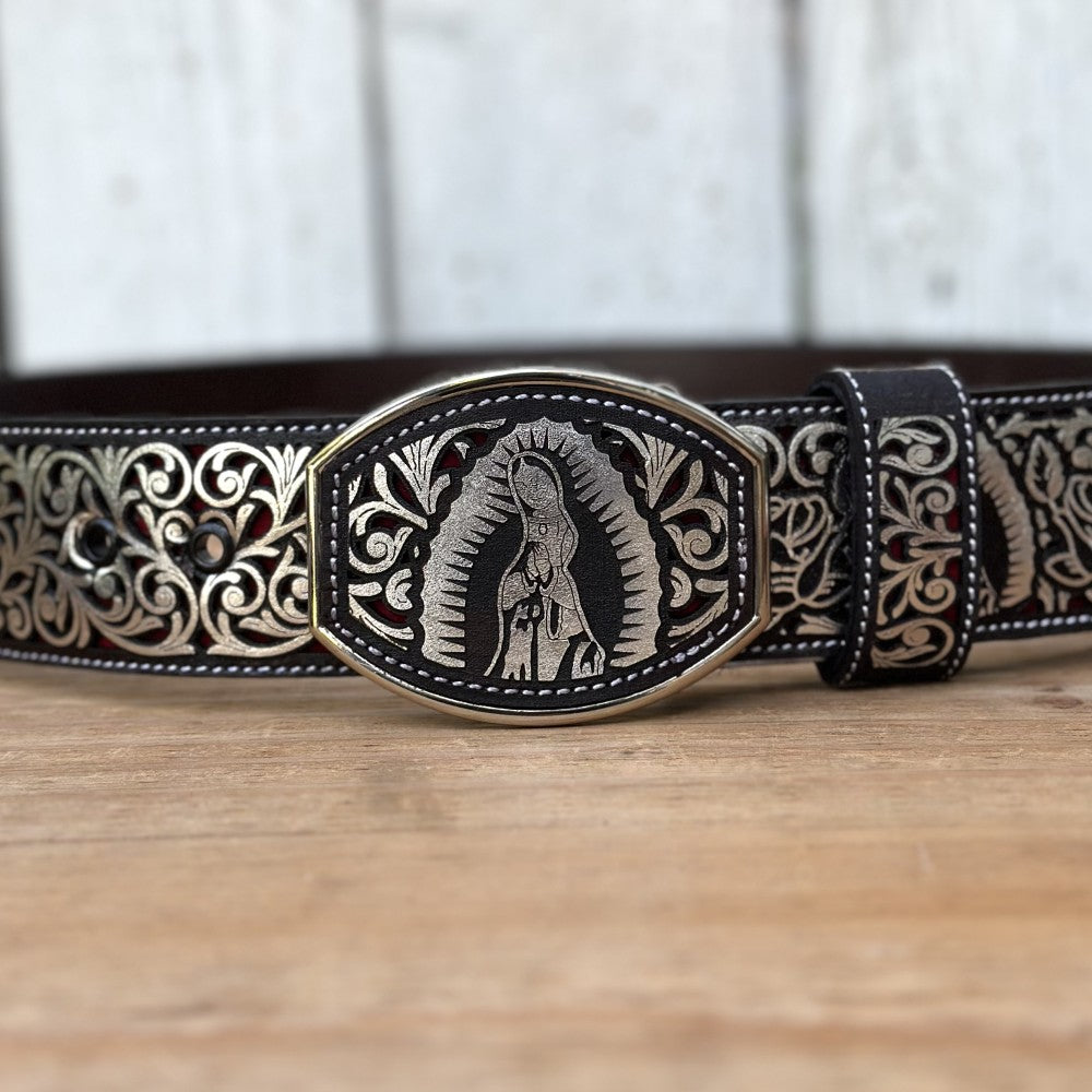 Cinturón Cortado a Láser "Virgen de Guadalupe" Plateado - Cinturones Vaqueros para Hombre (2)