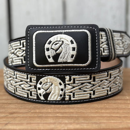 Cinturón Vaquero "Caballo de Suerte" Blanco y Negro con Bordado para Hombre (4)