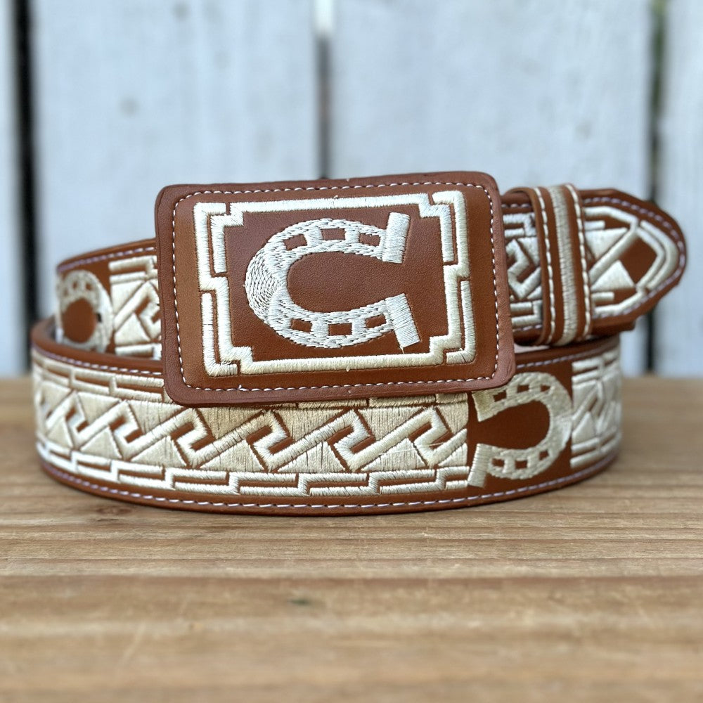 Cinturón Vaquero "Herradura" Color Natural con Bordado para Hombre