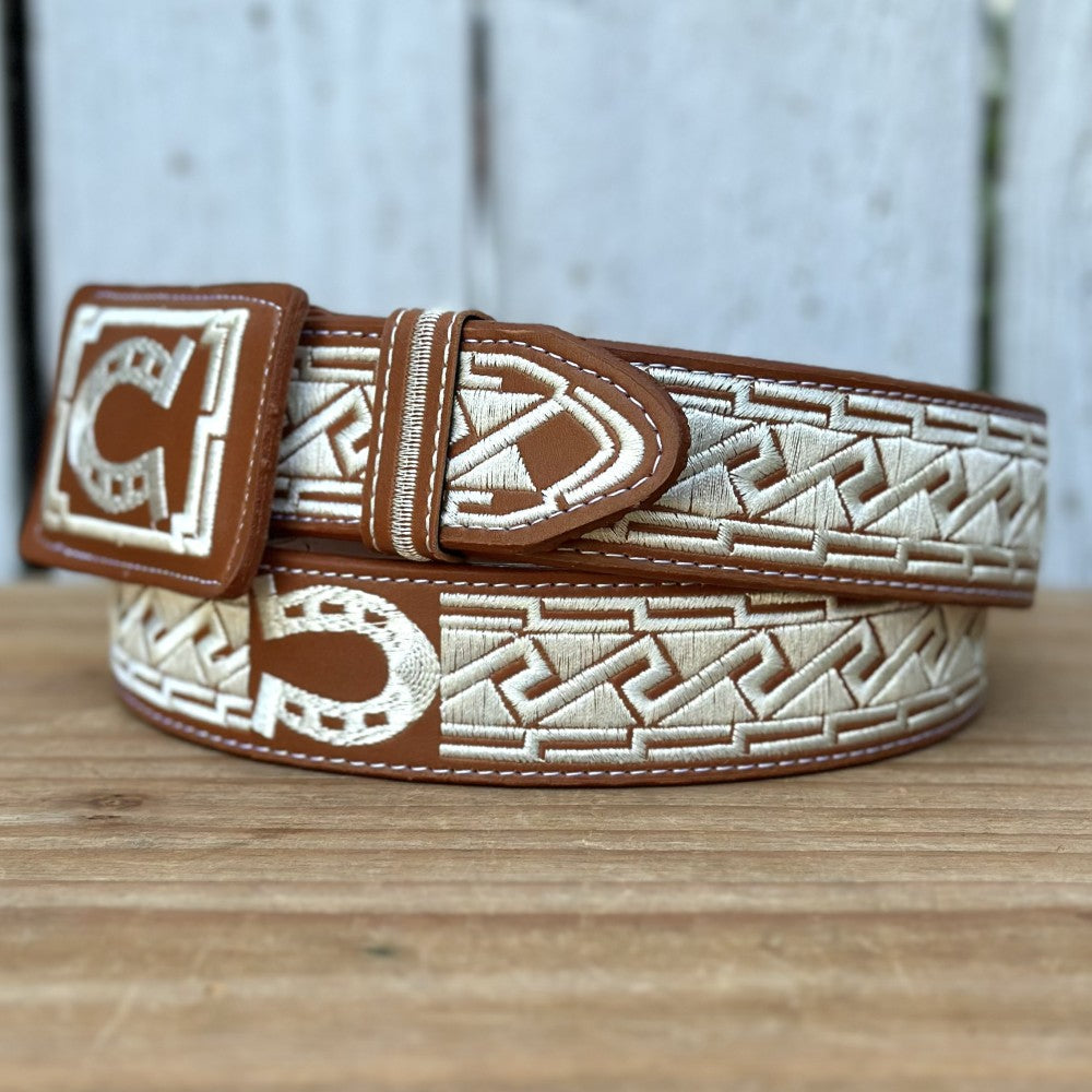 Cinturón Vaquero "Herradura" Color Natural con Bordado para Hombre | 1 1/2" de ancho