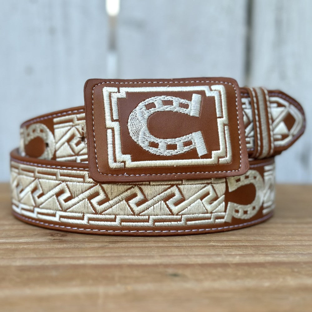 Cinturón Vaquero "Herradura" Color Natural con Bordado para Hombre | Hecho en Mexico