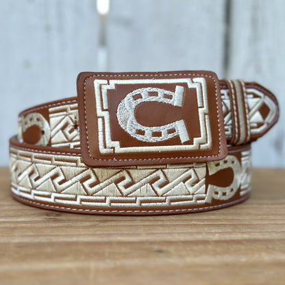 Cinturón Vaquero "Herradura" Color Natural con Bordado para Hombre | Hecho en Mexico