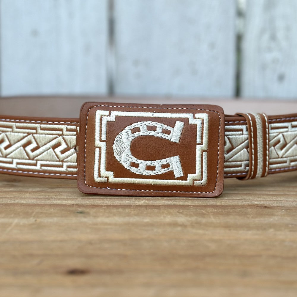 Cinturón Vaquero "Herradura" Color Natural con Bordado para Hombre | Hebilla Rectangular