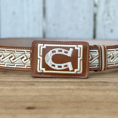 Cinturón Vaquero "Herradura" Color Natural con Bordado para Hombre | Hebilla Rectangular