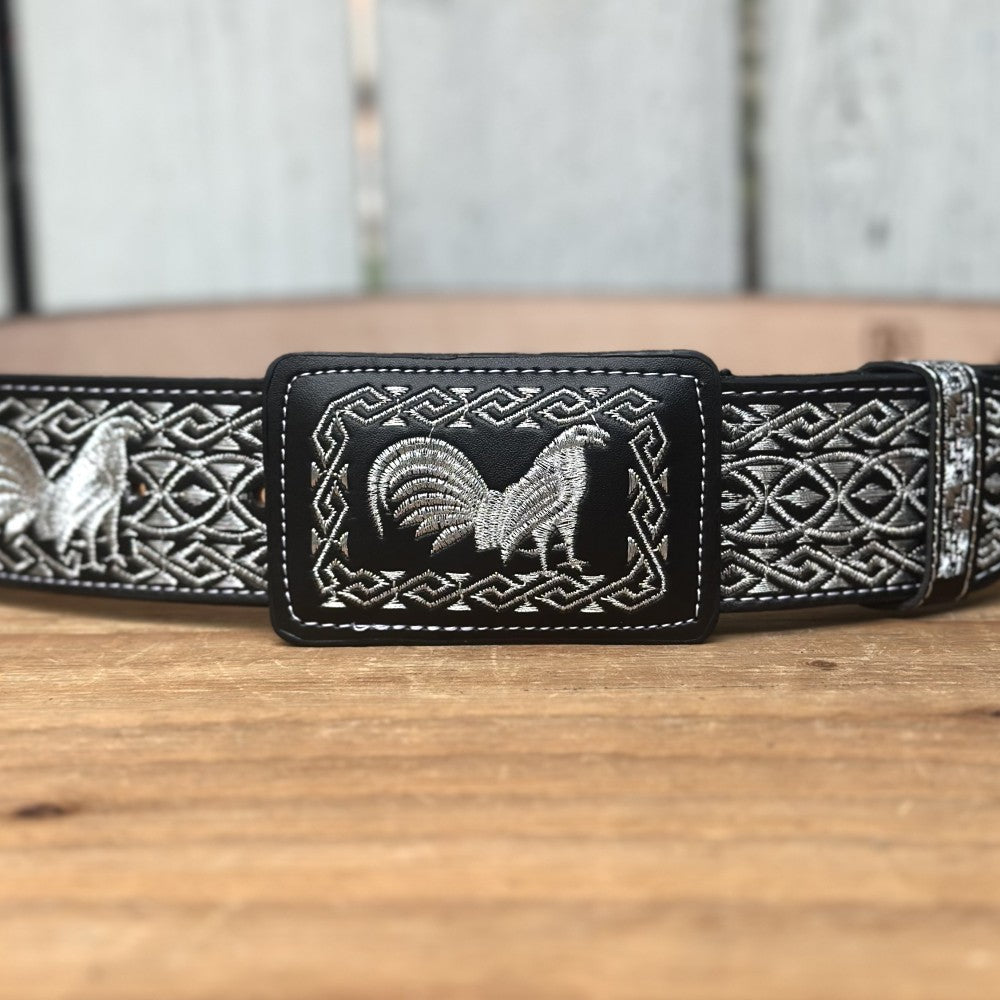 Cinturón Vaquero Negro y Plateado "Gallo" de 2" - Cinturones Vaqueros para Hombre - Cinturones Vaqueros Mexicanos (2)