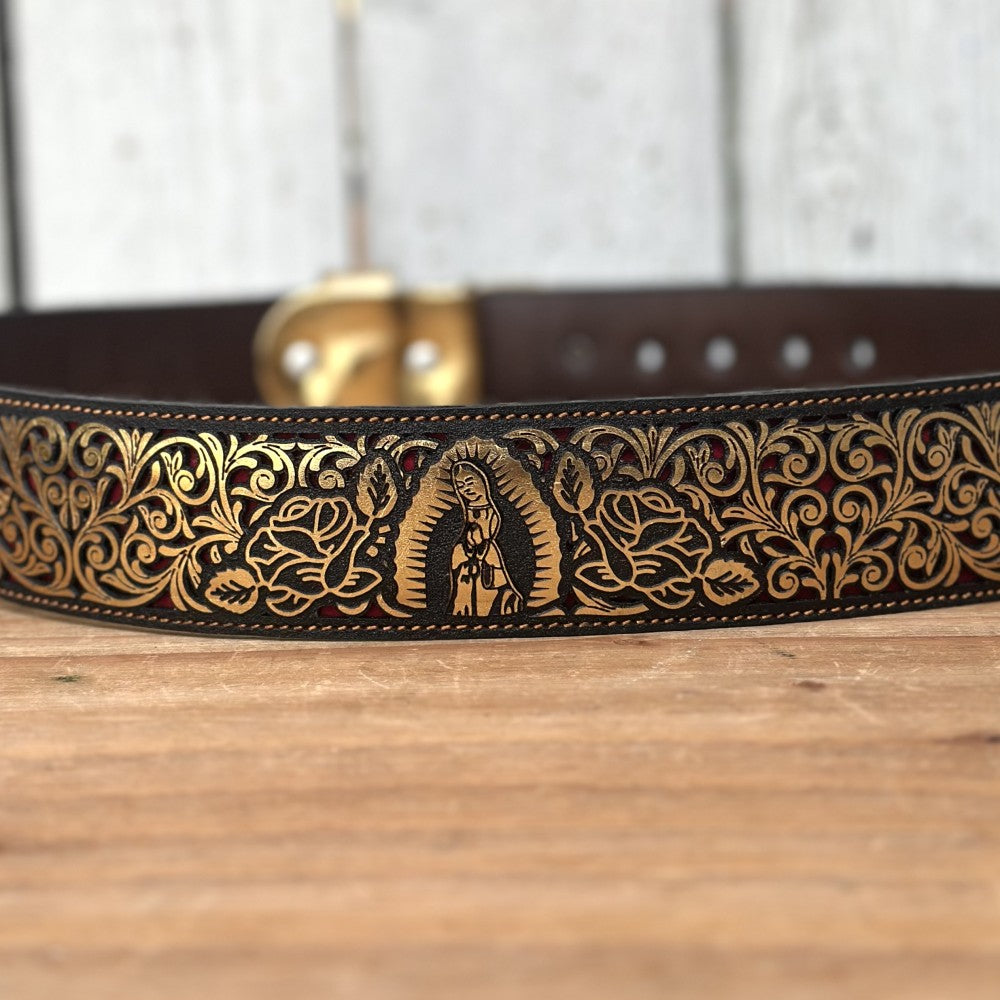Cinturón Cortado a Láser "Virgen de Guadalupe" Dorado - Cinturones Vaqueros para Hombre (4)