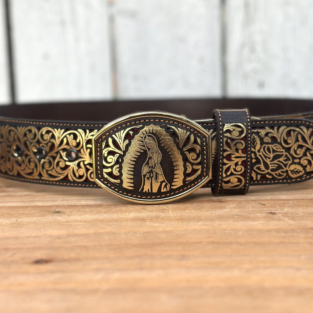 Cinturón Cortado a Láser "Virgen de Guadalupe" Dorado - Cinturones Vaqueros para Hombre (3)