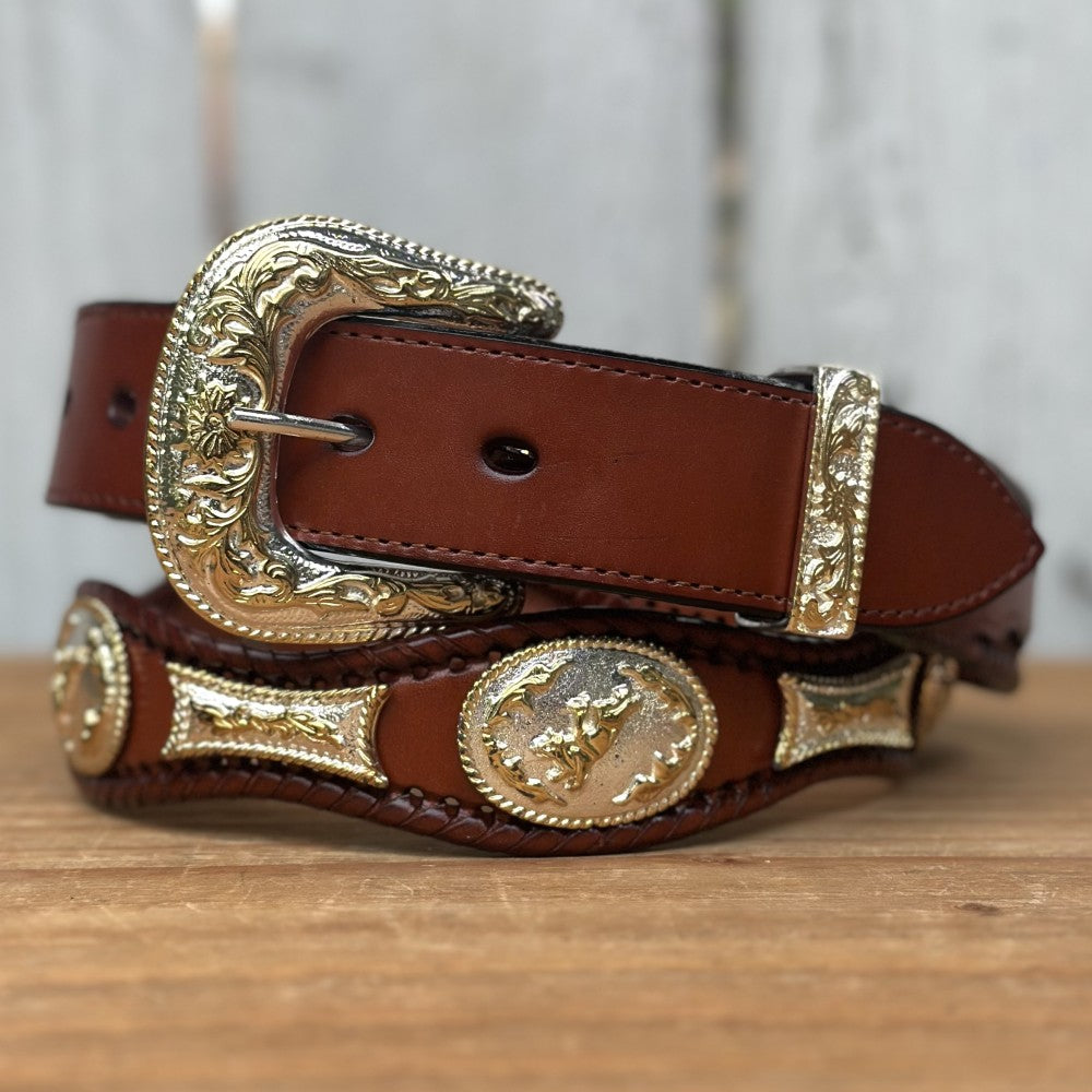 Cinturon Vaquero con Conchos de Alpaca en Color Cognac - Cinturones Vaqueros Mexicanos