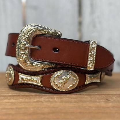Cinturon Vaquero con Conchos de Alpaca en Color Cognac - Cinturones Vaqueros Mexicanos