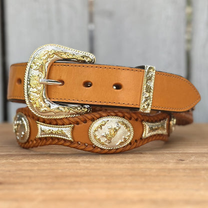 Cinturón Vaquero con Conchos de Alpaca en Color Miel - Cinturones Vaqueros Mexicanos