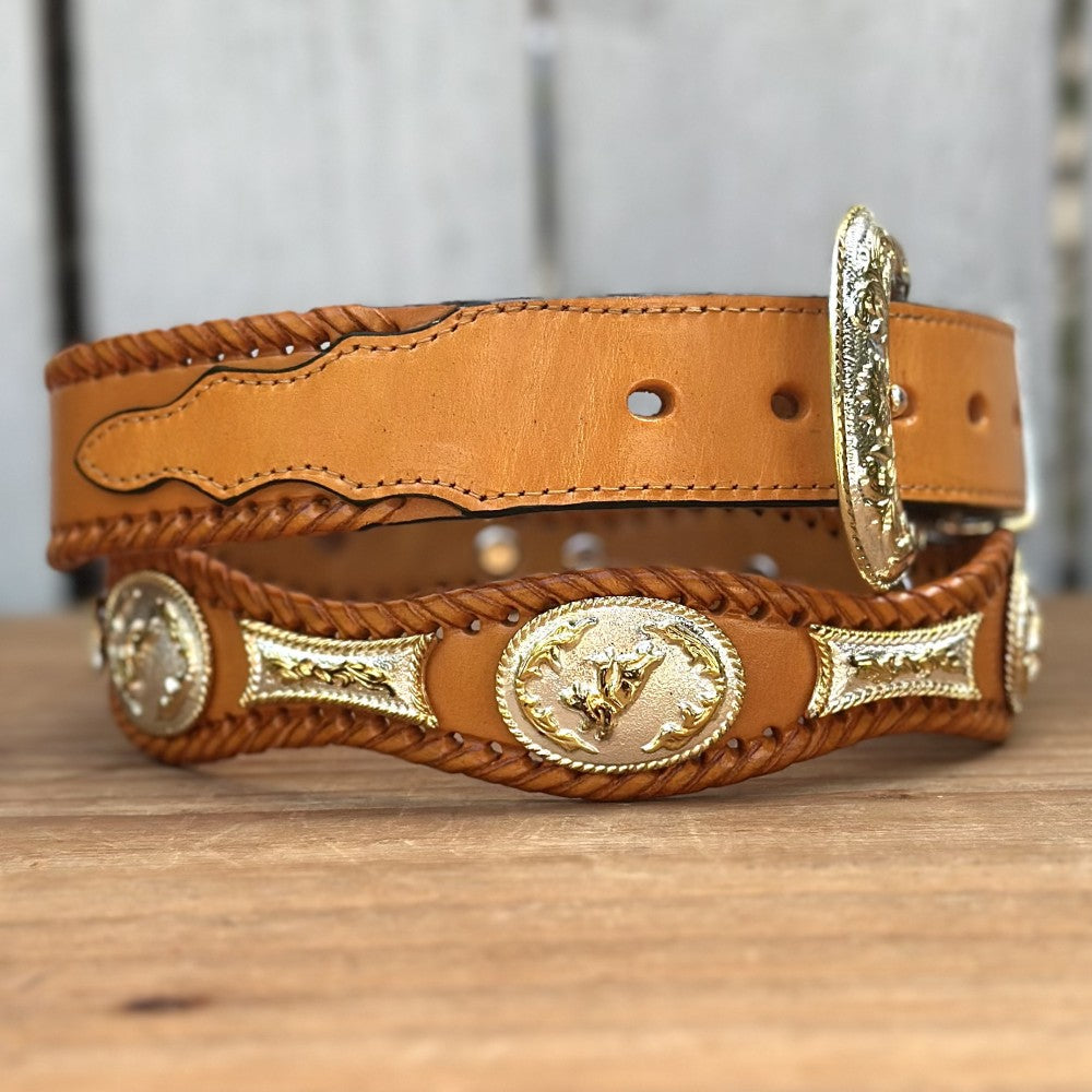 Cinturón Vaquero con Conchos de Alpaca en Color Miel - Cinturones Vaqueros Mexicanos (4)