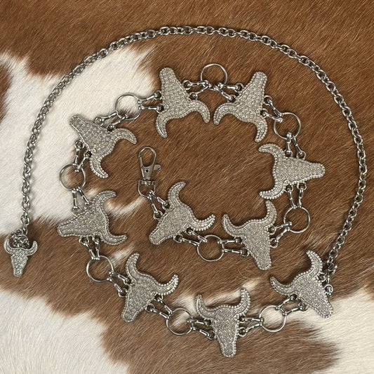 Cinturón Vaquero para Mujer con Conchos de Cabeza de Toro y Pedrería 