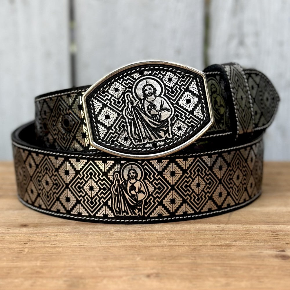Cinturon Vaquero de San Judas con Diseño Cortado a Laser | Hecho en Mexico