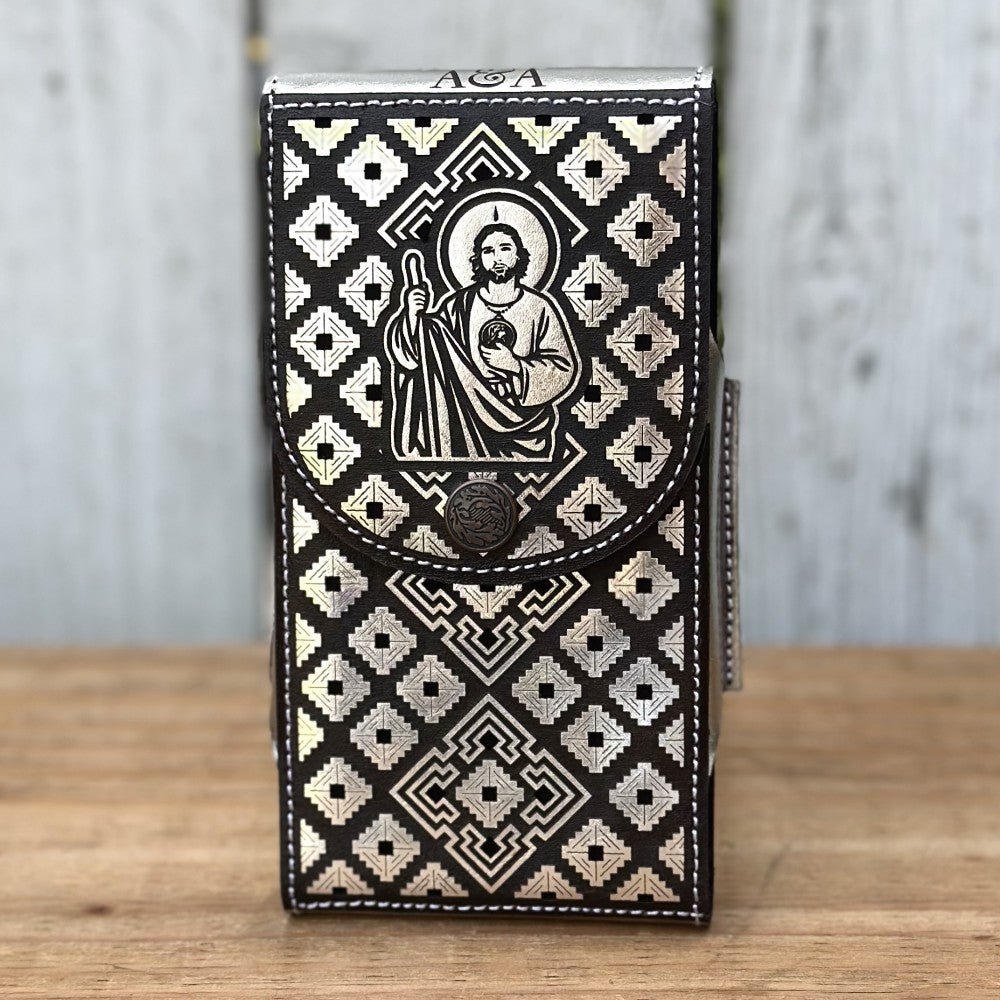 Funda Vaquera para Telefono de San Judas con Diseño Cortado a Laser 