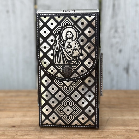 Funda Vaquera para Teléfono "San Judas Versión 2" Plateada de Piel Cortada a Láser 