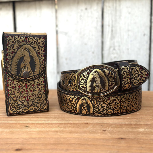 Cinturón Cortado a Láser "Virgen de Guadalupe" Dorado y Funda Vaquera Cortada a Láser 