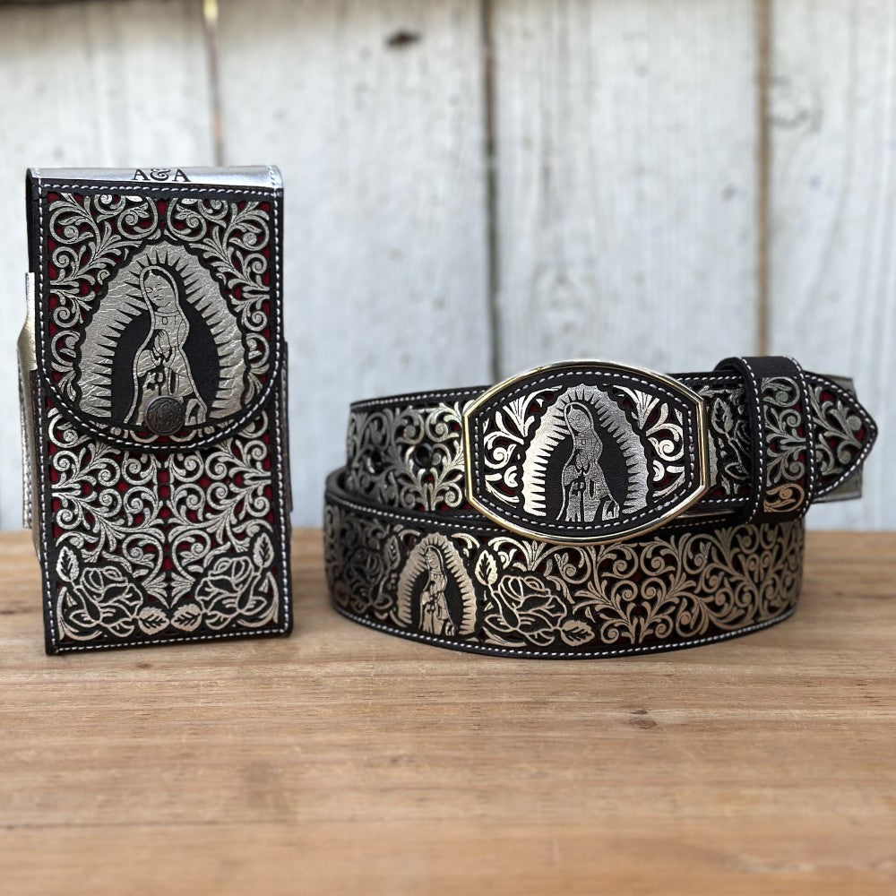 Cinturón Cortado a Láser "Virgen de Guadalupe" Plateado y Funda Vaquera Cortada a Láser (1)