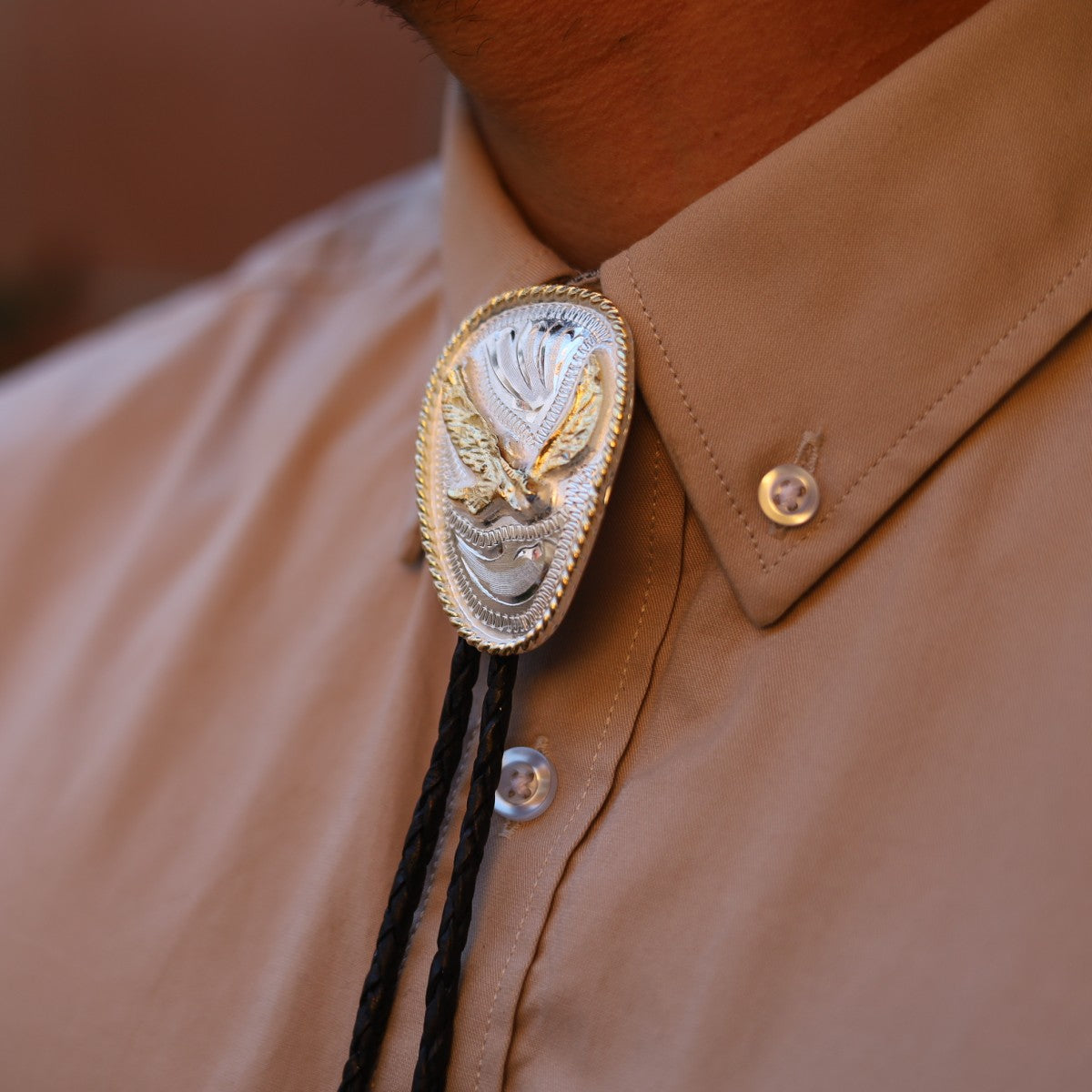 Corbatin Ovalado Plateado con Aguila Dorada - Corbatines Vaqueros para Hombre (5)