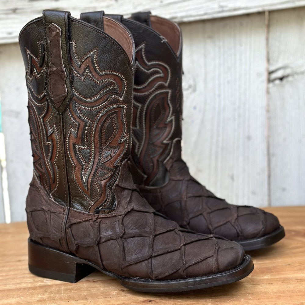 DA-Jefe Faux Pirarucu Brown - Exotic Western Boots for Men