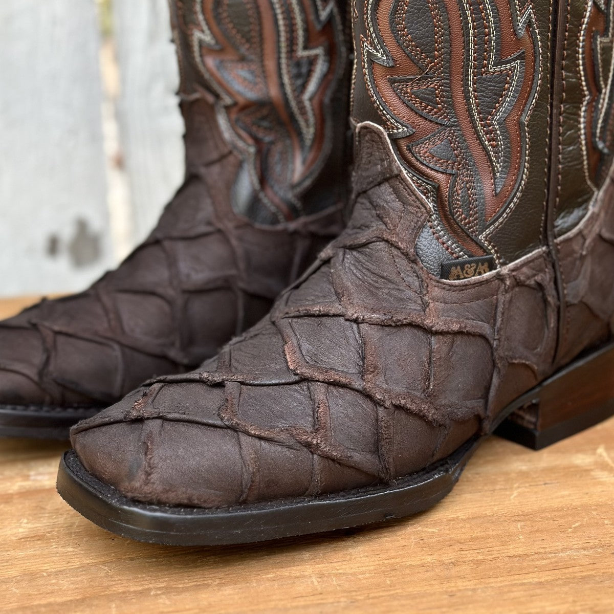 DA-Jefe Faux Pirarucu Brown - Exotic Western Boots for Men