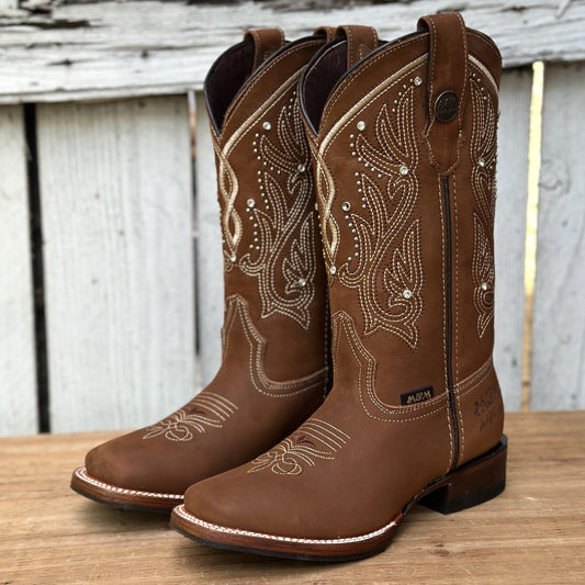 Bota Vaquera Miel con Bordado y Pedreria para Mujer | DA-Lady