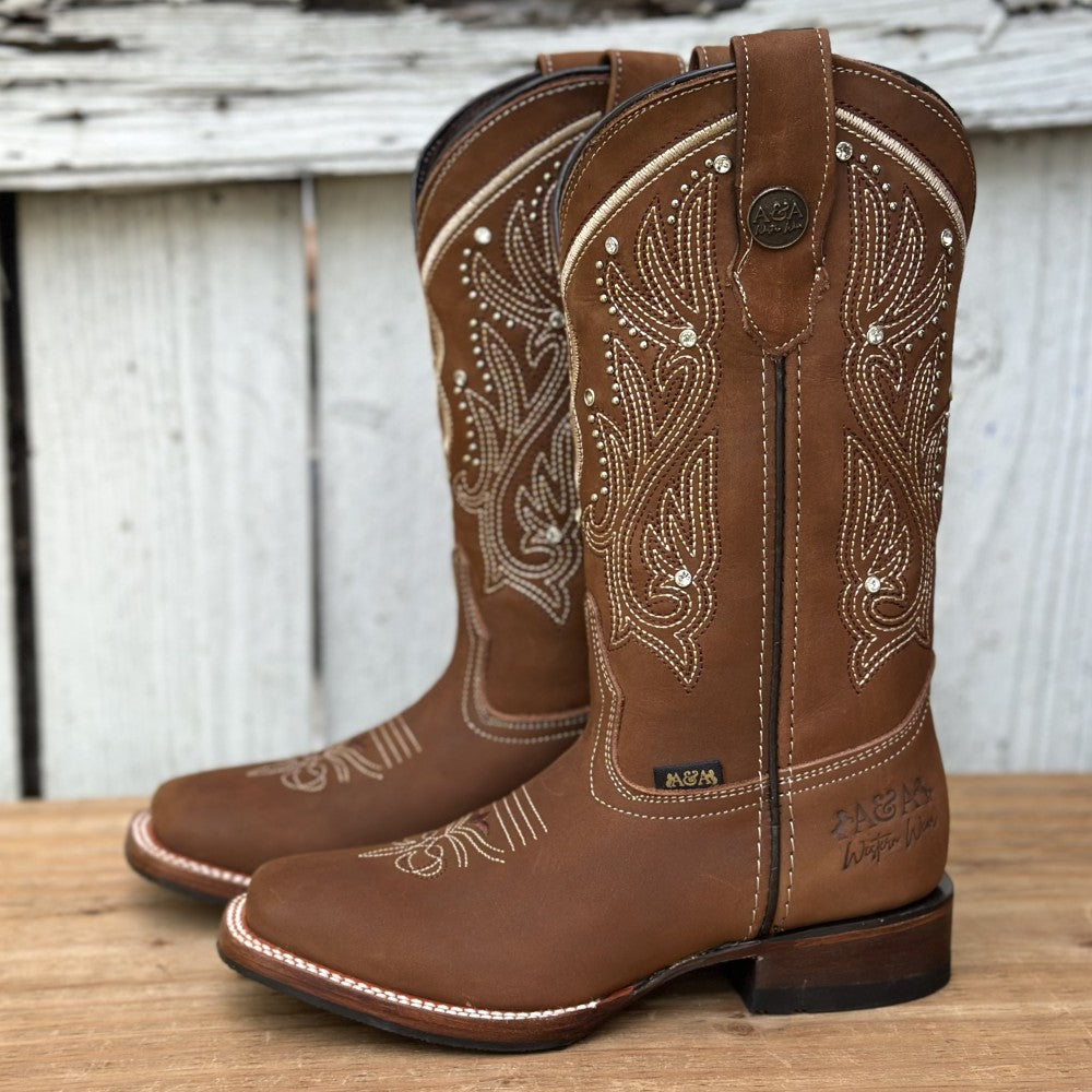 Bota Vaquera Miel con Bordado y Pedreria para Mujer | DA-Lady | Botas Vaqueras mexicanas (3)