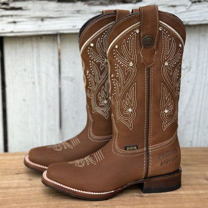 Bota Vaquera Miel con Bordado y Pedreria para Mujer | DA-Lady | Botas Vaqueras mexicanas (3)