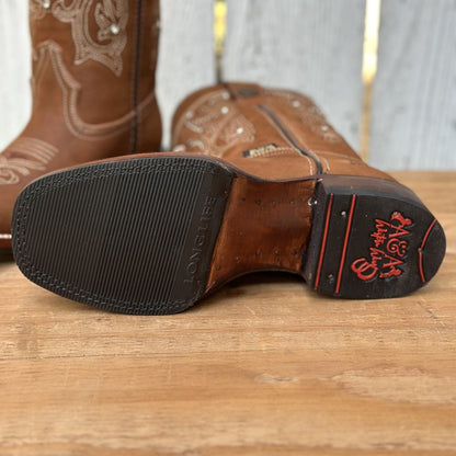 Bota Vaquera Miel con Bordado y Pedreria para Mujer | DA-Lady | Botas Vaqueras mexicanas | Suela de Hule y Vaqueta