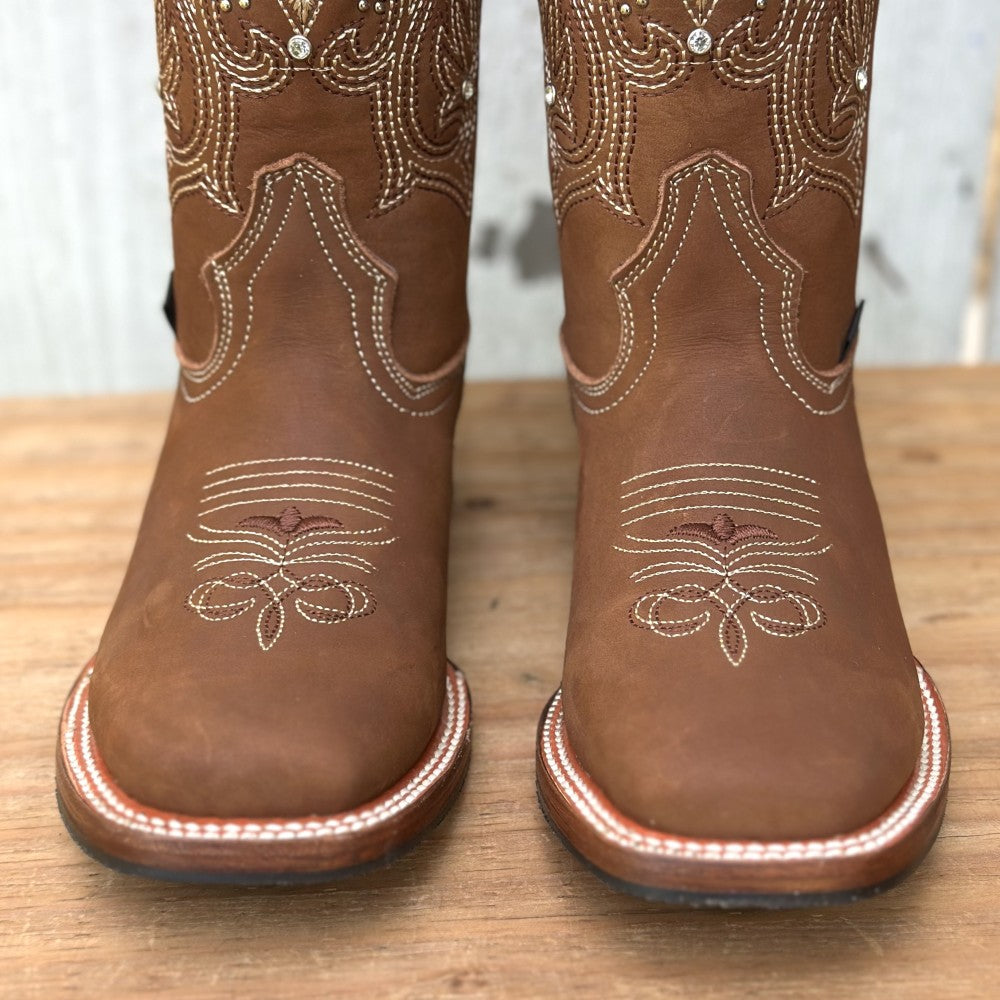 Bota Vaquera Miel con Bordado y Pedreria para Mujer | DA-Lady | Botas Vaqueras mexicanas | Punta Cuadrada