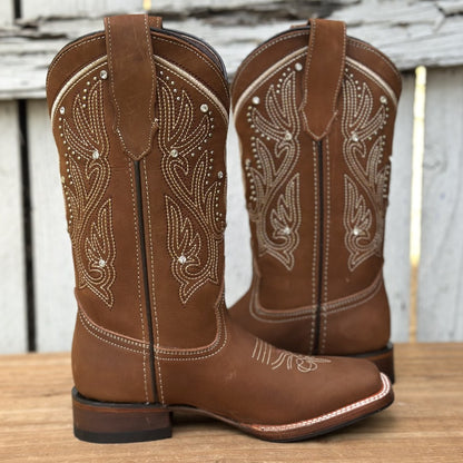 Bota Vaquera Miel con Bordado y Pedreria para Mujer | DA-Lady | Botas Vaqueras mexicanas (2)